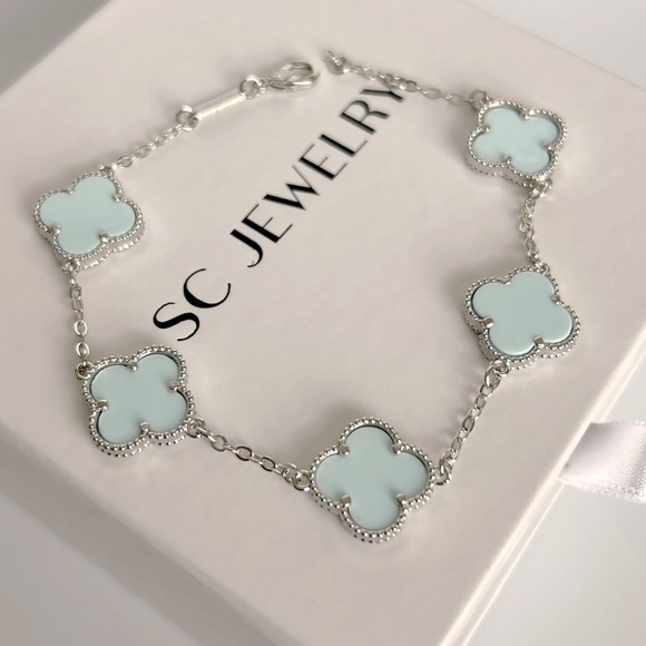 Sky Blue Clover Bracelet Double Sided Silver Color Chain Platinum Plated - Picture 3 of 9
